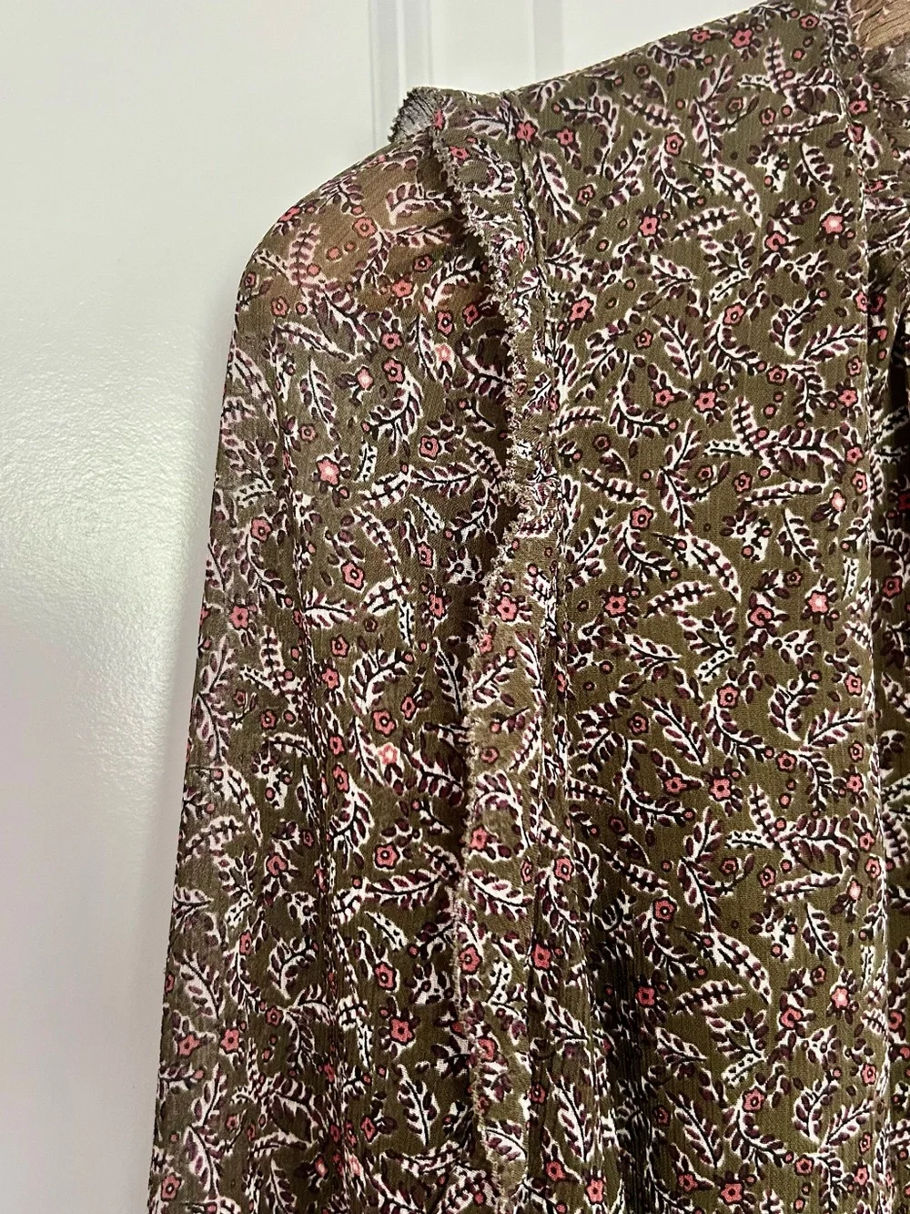 LOFT Olive Green Floral Sheer V-Neck Long Sleeve Blouse